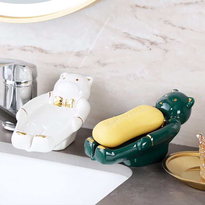 Kelendle Ceramic Soap Holder Self Draining - Bear Soap Dish Soap Drying Tray Soap Draining Dish Soap Display Rack Soap Storage Container Soap Storage Container for Home Decoration White - Image 3